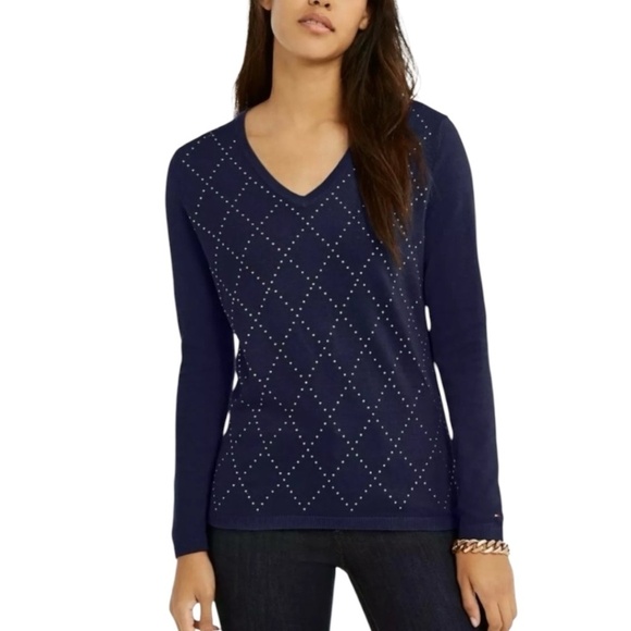 TOMMY HILFIGER 100% Cotton Navy Blue Studded Vee Neck Sweater Sz M - Picture 1 of 10